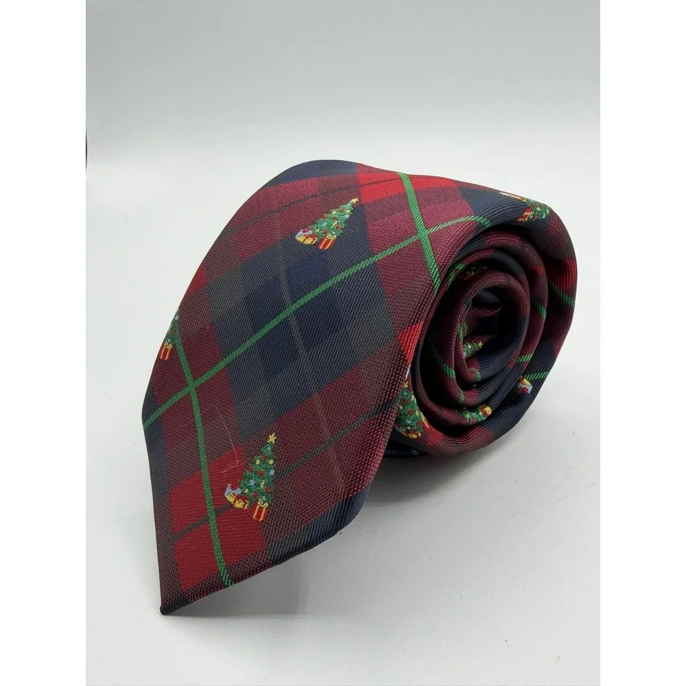 Chaps Mens Christmas Tree Plaid Necktie Navy Red Green Holiday Tie NEW